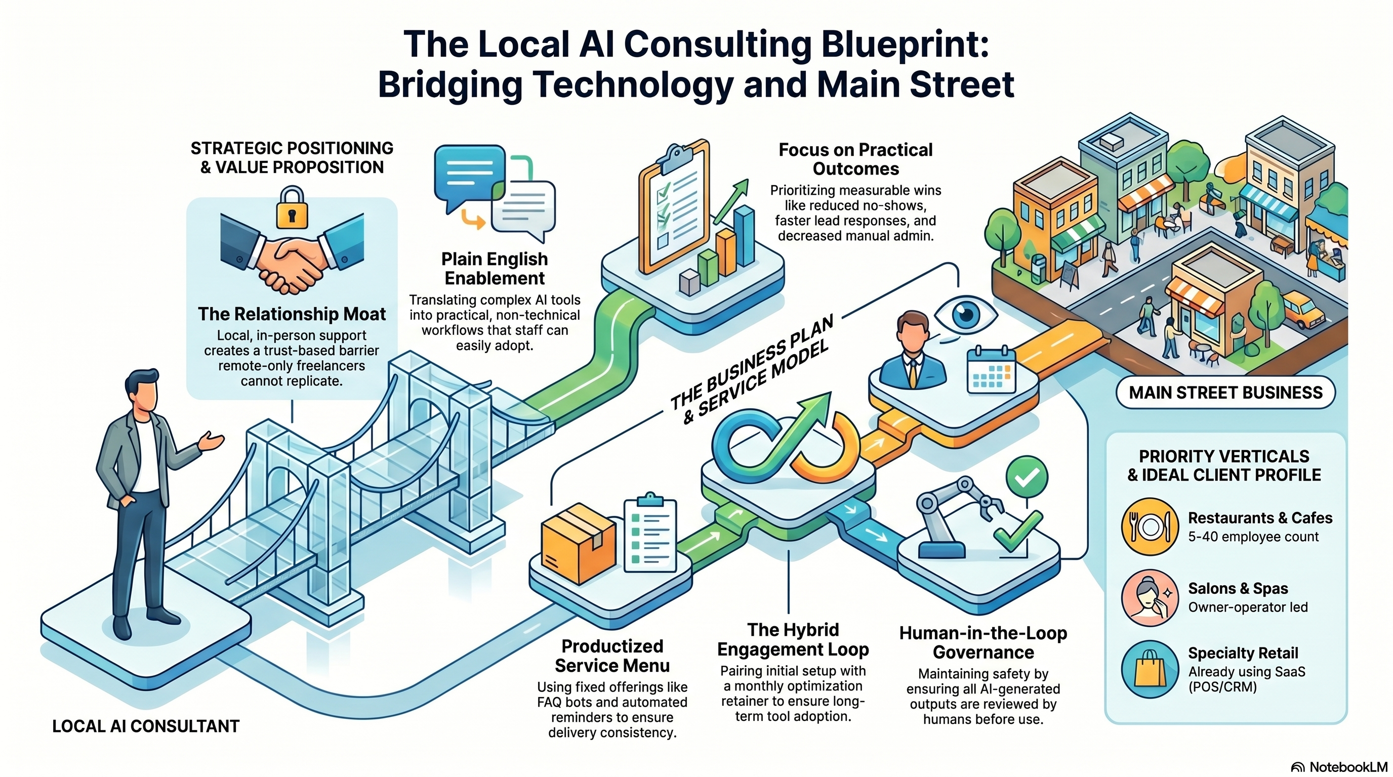 The Local AI Consulting Blueprint: Bridging Technology and Main Street — infographic showing strategic positioning, service model, ideal client profile, and governance approach