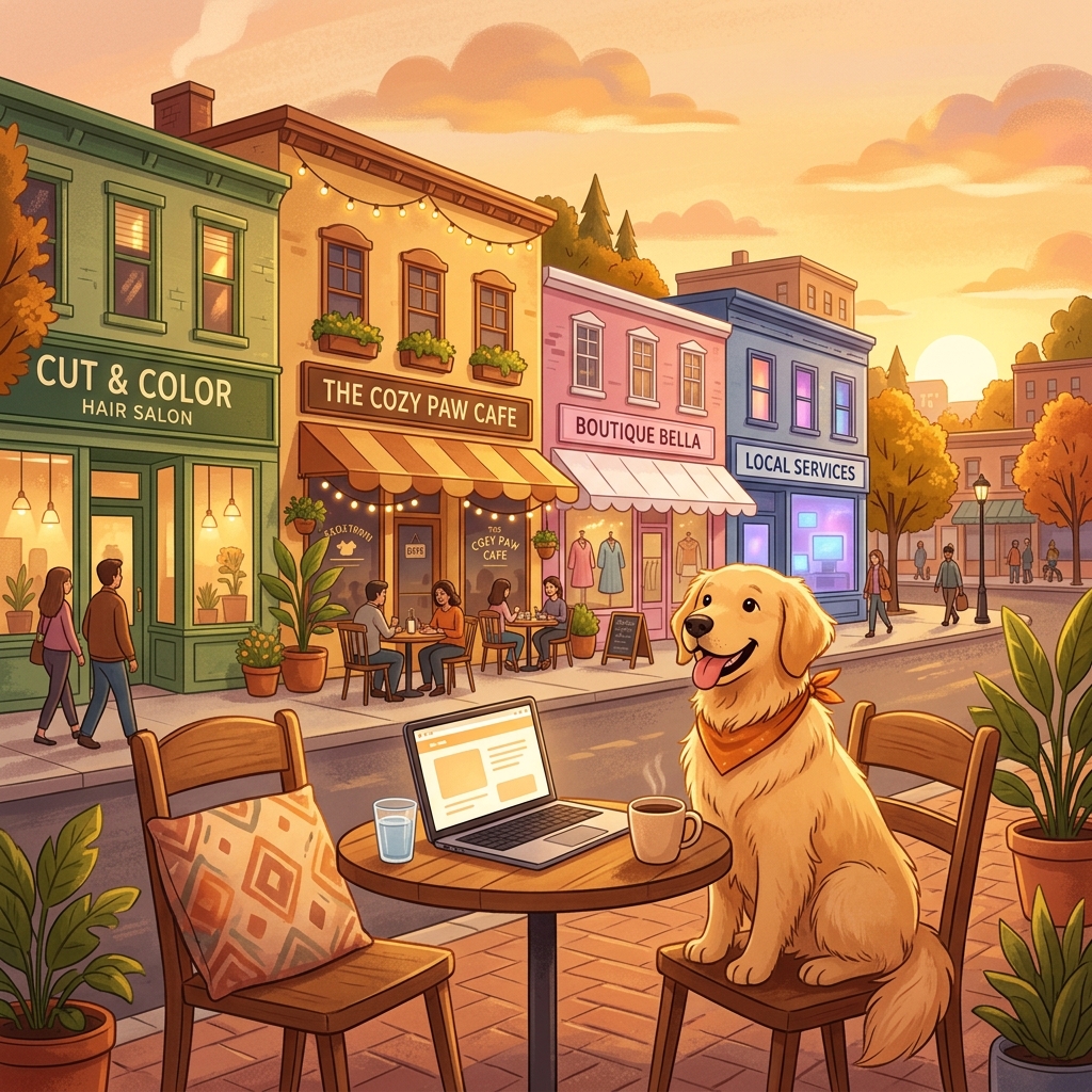 Mango the golden retriever at a cafe table with a laptop, surrounded by Main Street storefronts